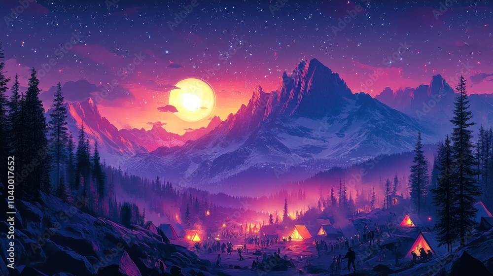Naklejka premium Mountain Landscape with Moon and Stars