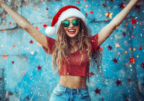 A dancing Santa girl in a glitter background. Missis Santa 12 photo