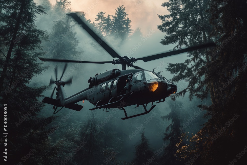 a blackhawk helicopter the sky in the forest, a blackhawk helicopter the sky in the forest,