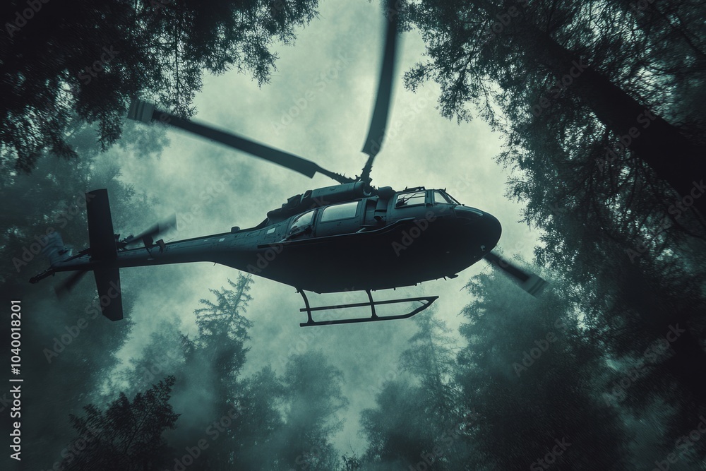 Fototapeta premium a blackhawk helicopter the sky in the forest, 