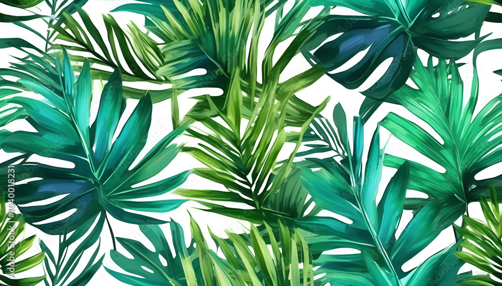Watercolor painting of fresh green palm leaves in tropical style. The background is a comfortable light blue color. Watercolor painting of fresh green palm leaves in tropical style. The background is a comfortable light blue color.
