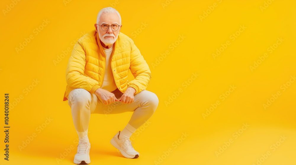 Stylish senior man in yellow jacket posing against yellow background Stylish senior man in yellow jacket posing against yellow background