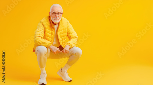 Stylish senior man in yellow jacket posing against yellow background