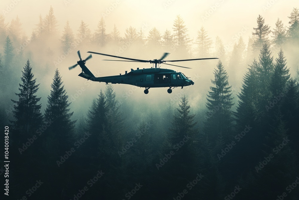 a blackhawk helicopter the sky in the forest, a blackhawk helicopter the sky in the forest,