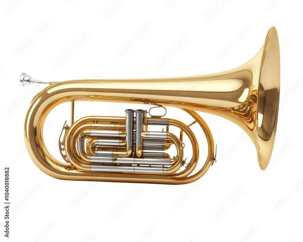 Obraz premium A brass instrument with a gold color. It is a trumpet. The trumpet is in a white background