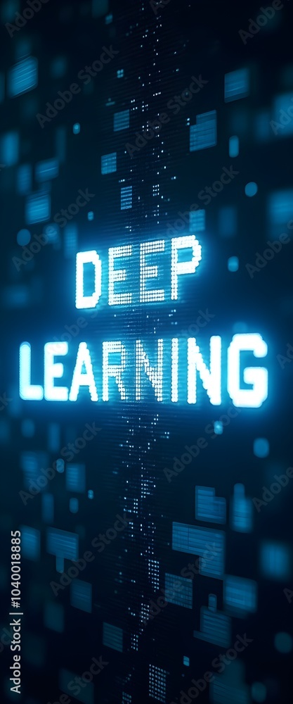 Fototapeta premium Neon 'deep learning' text with digital blocks symbolizes ai and neural networks.