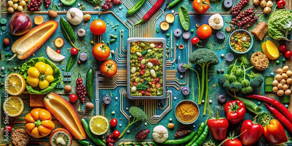 Hand Drawn Sketch of a Motherboard with Food Elements for Unique Culinary Art Hand Drawn Sketch of a Motherboard with Food Elements for Unique Culinary Art