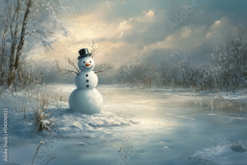 A Snowman Stands Beside a Frozen River in a Snowy Winter Landscape photo