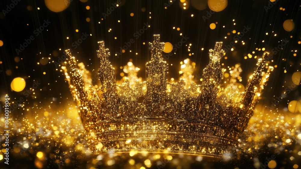 Naklejka premium A lavish crown visualized as a golden holographic projection, with sparkling particles and flowing data streams forming its elegant shape, merging past and future