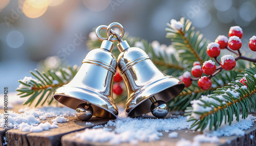 Silver Christmas bells with snow on pine branch