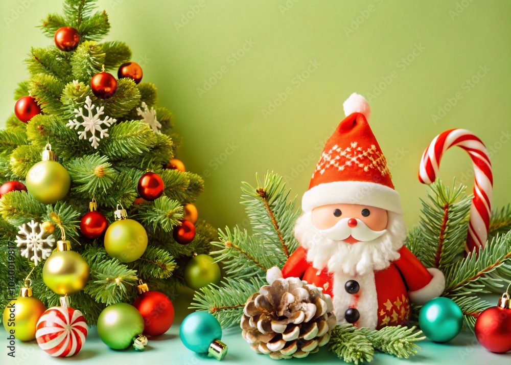 Santa Claus toy next to Christmas tree on green background Santa Claus toy next to Christmas tree on green background