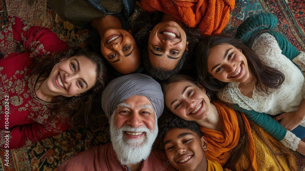 Overhead shot of a group portrait with diverse people smiling and looking at the camera Overhead shot of a group portrait with diverse people smiling and looking at the camera