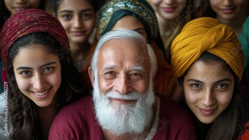 Top view of a group portrait, with a multiethnic group of people in the center smiling and looking at the camera. 