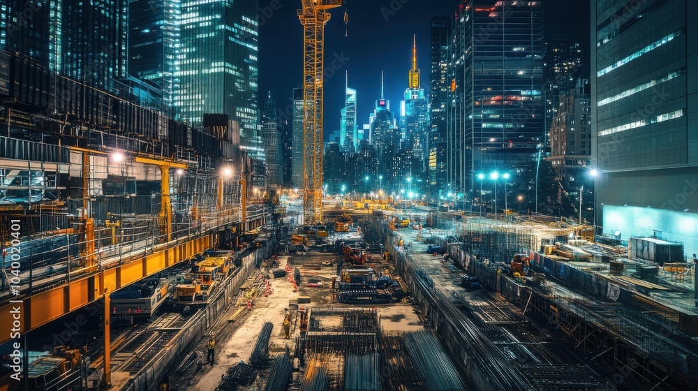 Nighttime construction site in an urban landscape. Nighttime construction site in an urban landscape.