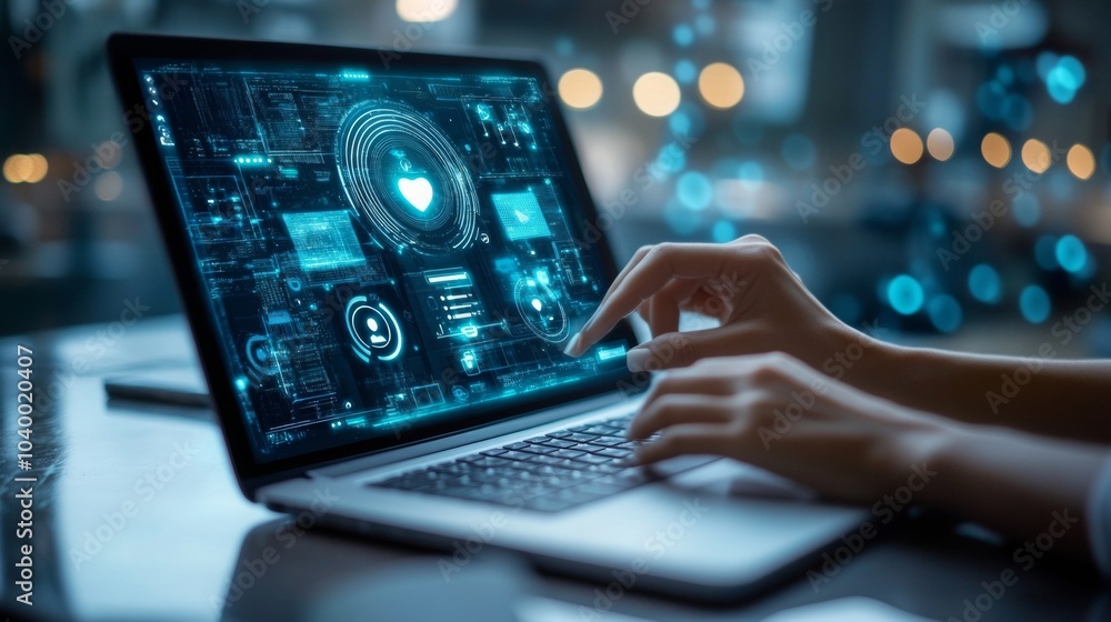 User interacting with chatbot interface on laptop, enhancing digital communication experience, evaluating functionality and design improvements User interacting with chatbot interface on laptop, enhancing digital communication experience, evaluating functionality and design improvements