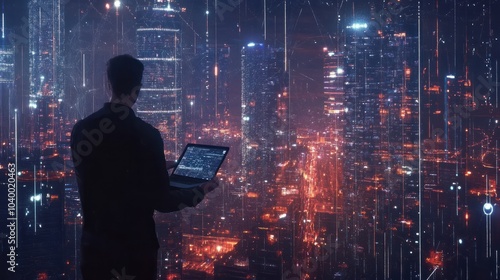 Big data, digital technology, internet network connection, futristic technology background. Man using mibile phobe and laptop and smart city photo