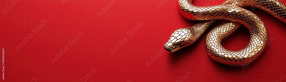Coiled Golden Snake on a Vibrant Red Banner Background Coiled Golden Snake on a Vibrant Red Banner Background