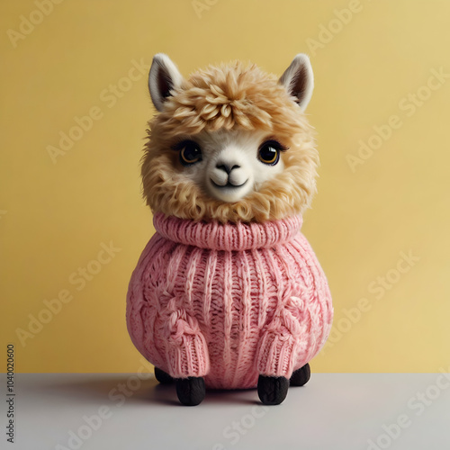 A cute kawaii-style illustration of an alpaca with big, expressive eyes, a tiny mouth, and a fluffy body. The alpaca is dressed in a pink sweater and is perched on a yellow ball. The background is a s photo