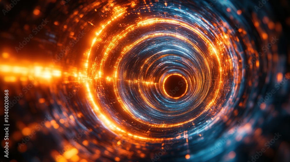 Obraz premium Swirling patterns of orange and blue emanate from a central point, creating a mesmerizing cosmic tunnel effect. The vibrant energy appears to spiral inward, evoking a sense of depth and mystery in a d