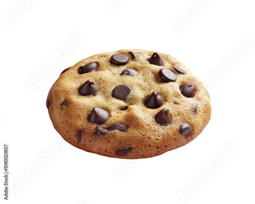 A chocolate chip cookie with chocolate chips on top. It is sitting on a white background. The cookie is round and has a lot of chocolate chips on it