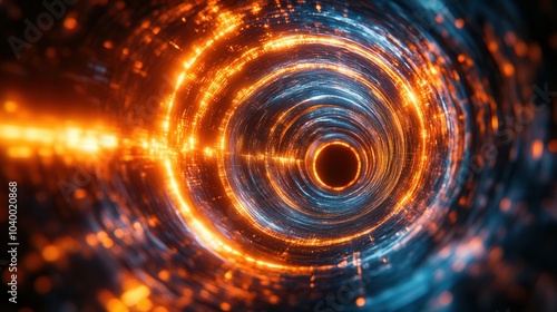 Swirling patterns of orange and blue emanate from a central point, creating a mesmerizing cosmic tunnel effect. The vibrant energy appears to spiral inward, evoking a sense of depth and mystery in a d