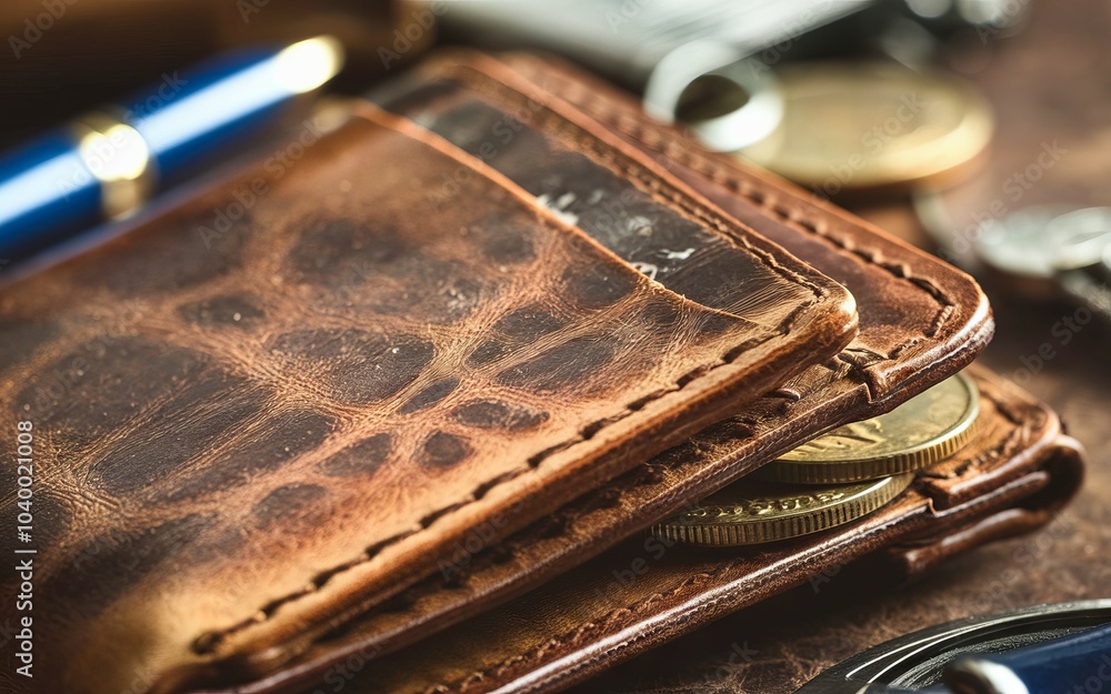Rustic leather wallet. A close-up of a worn, brown leather wallet with visible stitching. The texture and patina suggest a well-loved and timeless classic. Rustic leather wallet. A close-up of a worn, brown leather wallet with visible stitching. The texture and patina suggest a well-loved and timeless classic.