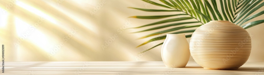 Minimalist Composition of Vases and Leaf in Soft Lighting Minimalist Composition of Vases and Leaf in Soft Lighting