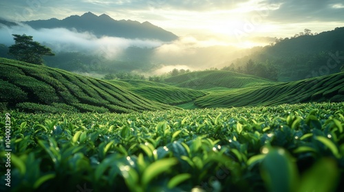 tea plantation in the morning with rows of graceful green