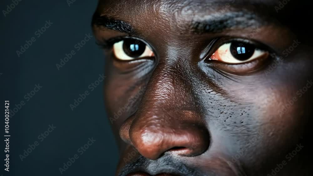 Portrait of A Man with Dark Skin, Intense Gaze, Side Profile, Studio Lighting Against Dark Background, Focus on Eyes and Facial Features, Expressive Emotions, Textured Skin Detail, High-Contrast Portrait of A Man with Dark Skin, Intense Gaze, Side Profile, Studio Lighting Against Dark Background, Focus on Eyes and Facial Features, Expressive Emotions, Textured Skin Detail, High-Contrast