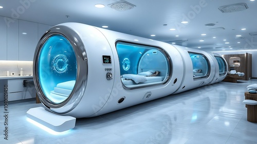 Modern hyperbaric chamber set minimalist clinic illuminated dynamic blue white lighting to represent oxygen saturation and its biohacking benefits for physical recovery and overall health optimization photo