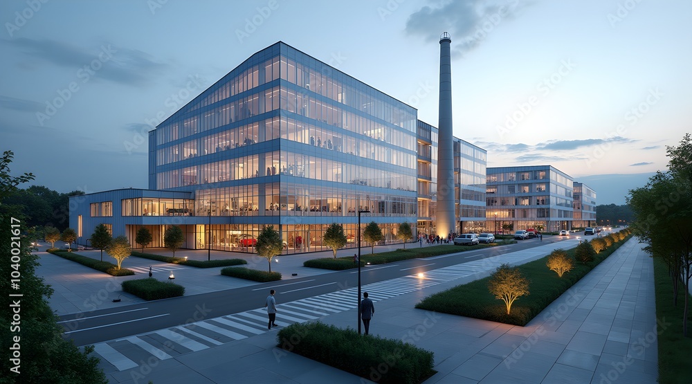 Fototapeta premium Modern factory building with glass facade, smokestack, and landscaped surroundings at dusk.