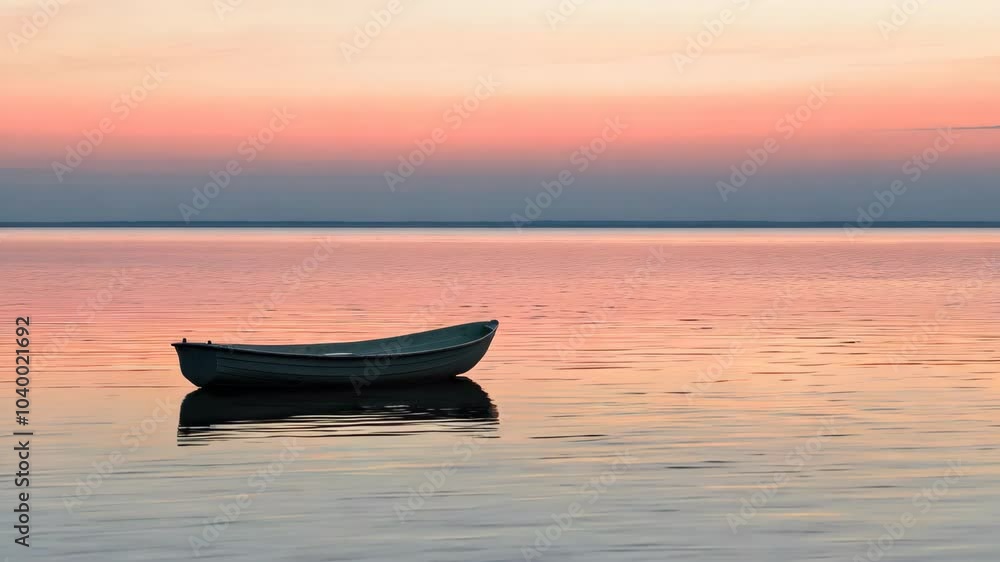 A serene boat floats on calm waters during a colorful sunset. A serene boat floats on calm waters during a colorful sunset.