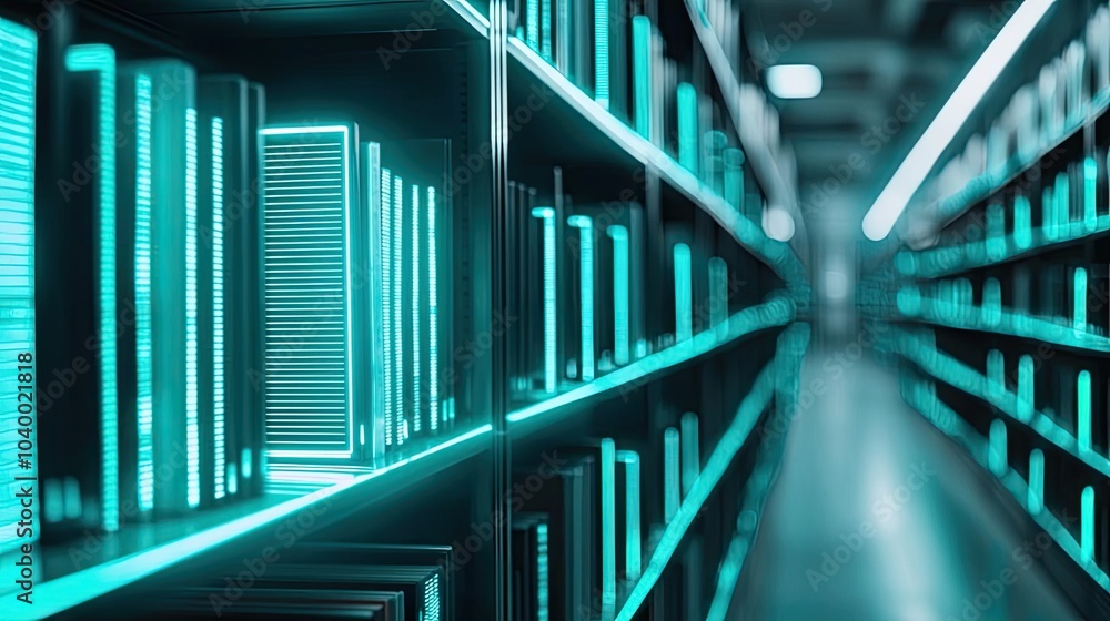Rows of illuminated bookshelves in a modern library setting. Rows of illuminated bookshelves in a modern library setting.