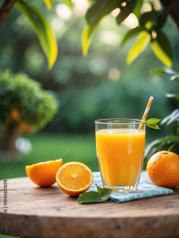 Fototapeta premium ORANGE JUICE ON THE TABLE WITH A BEAUTIFUL VIEW