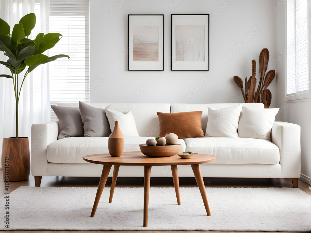 Obraz premium A modern living room interior featuring cozy, plush white sofas a wooden side table with decorative items, and minimalist decor. Home decor. Front view.
