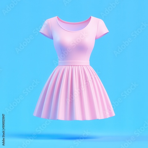 This floating pink dress showcases a classic silhouette with a fitted bodice and a flared skirt. Set against a vibrant blue backdrop, the design exudes charm and captures a whimsical fashion aesthetic