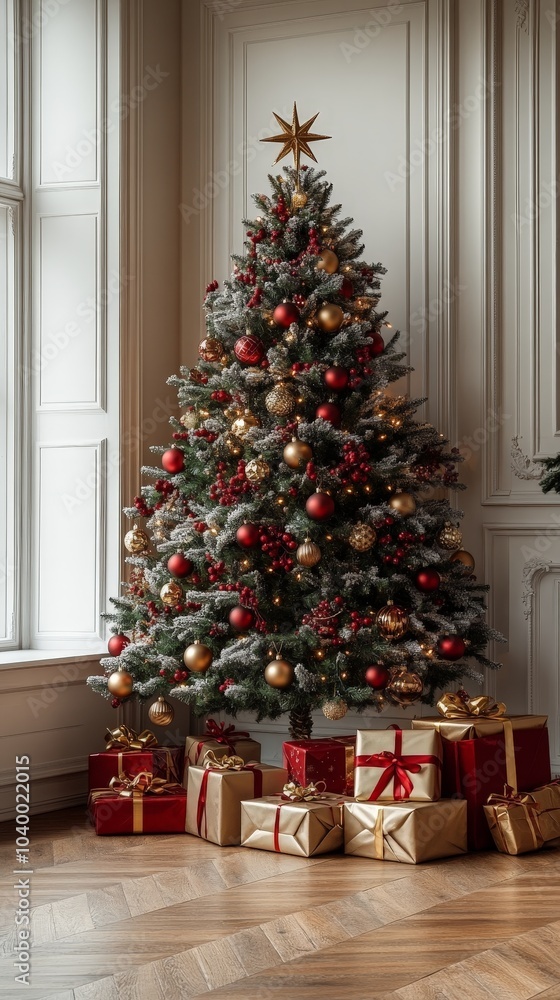 Christmas tree with presents, decorated with red and gold ornaments Christmas tree with presents, decorated with red and gold ornaments