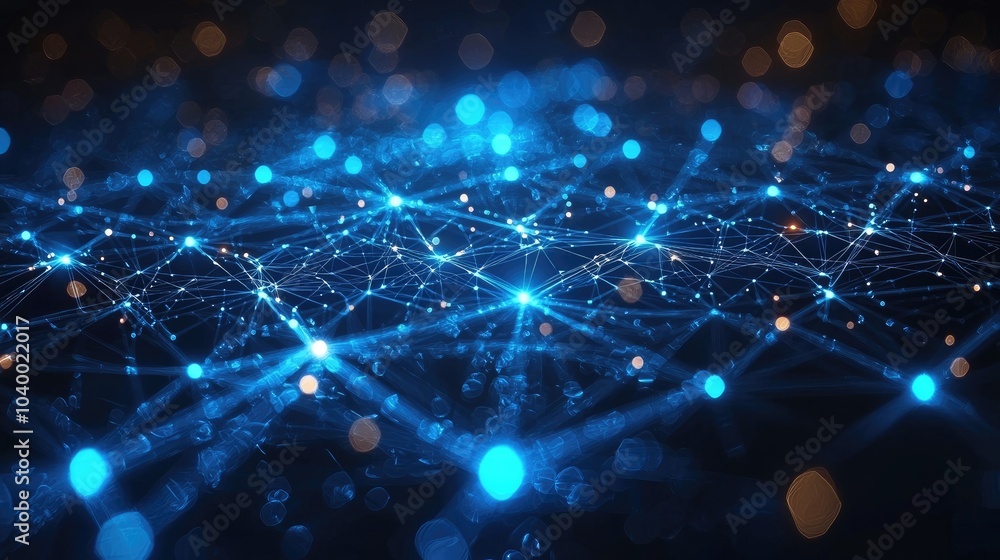Fototapeta premium Abstract blue and orange bokeh background with connected lines and dots, representing a network, technology, or data.