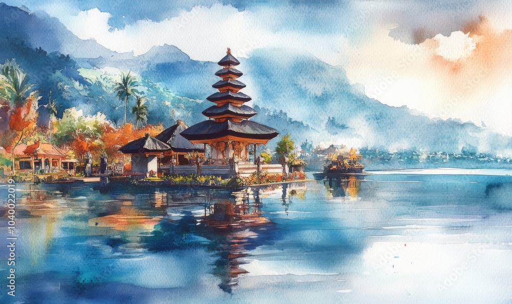 Watercolor Bali holiday tourism, Ulun Danu Bratan Water Temple Bali, Bali, Indonesia Watercolor Bali holiday tourism, Ulun Danu Bratan Water Temple Bali, Bali, Indonesia