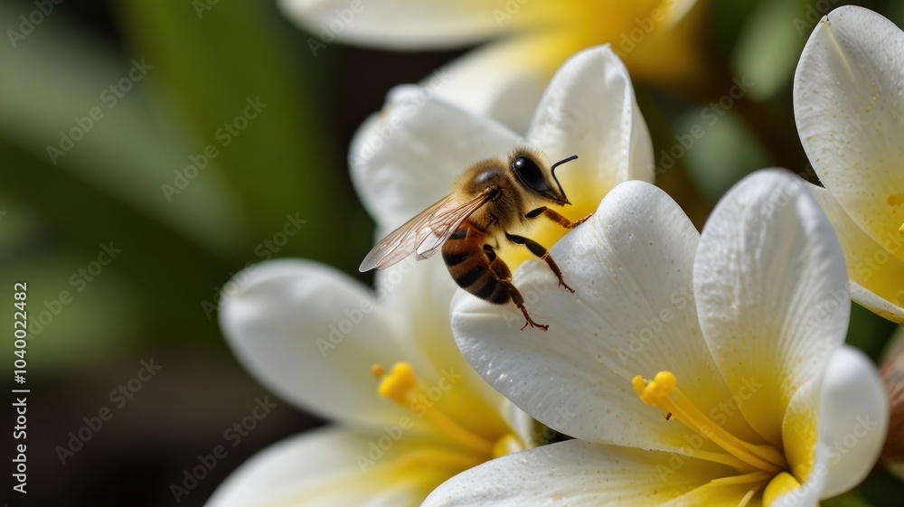 A bee pollinating white flowers with yellow centers, close up. A bee pollinating white flowers with yellow centers, close up.