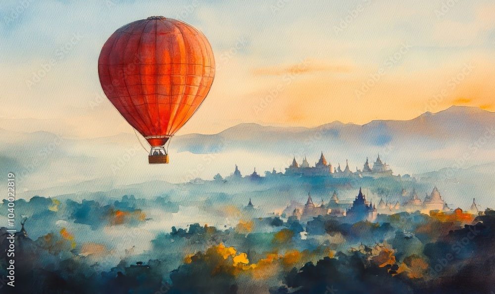 Fototapeta premium Watercolor Hot air balloon over plain of Bagan in misty morning, Myanmar