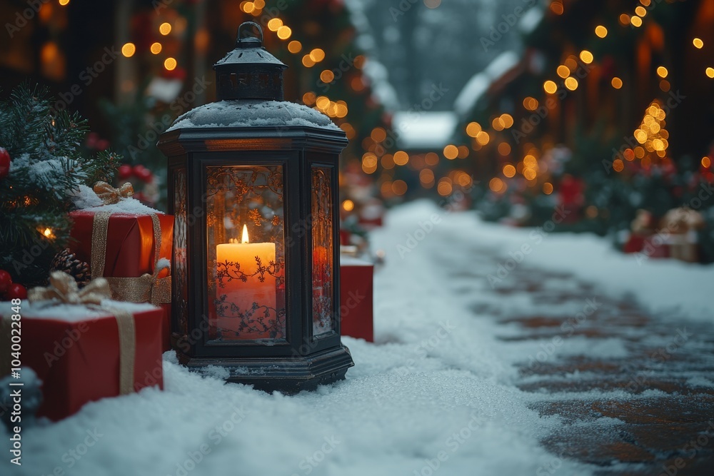 Bokeh background with Christmas gifts and lantern in a snowy landscape Bokeh background with Christmas gifts and lantern in a snowy landscape