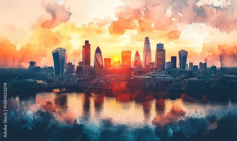 Watercolor Aerial sunset view of the skyline of London with skyscrapers at Canary Wharf and the City in the background, England Photo Formats Watercolor Aerial sunset view of the skyline of London with skyscrapers at Canary Wharf and the City in the background, England Photo Formats