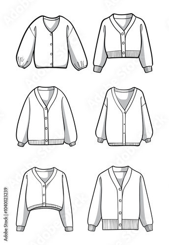 Black and white vector illustration of six distinct sweaters in clean line art