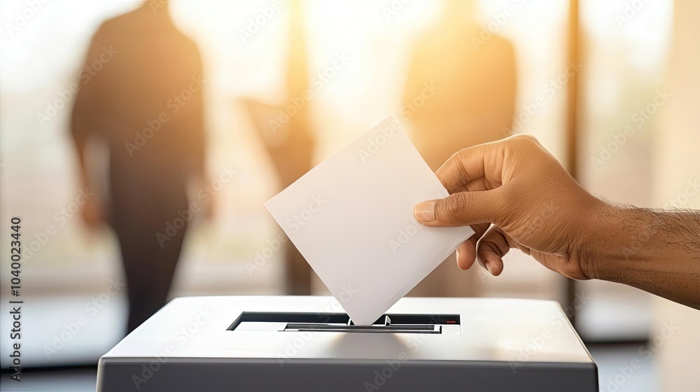 Hand casting a ballot in a voting box during elections, blurred background. Hand casting a ballot in a voting box during elections, blurred background.