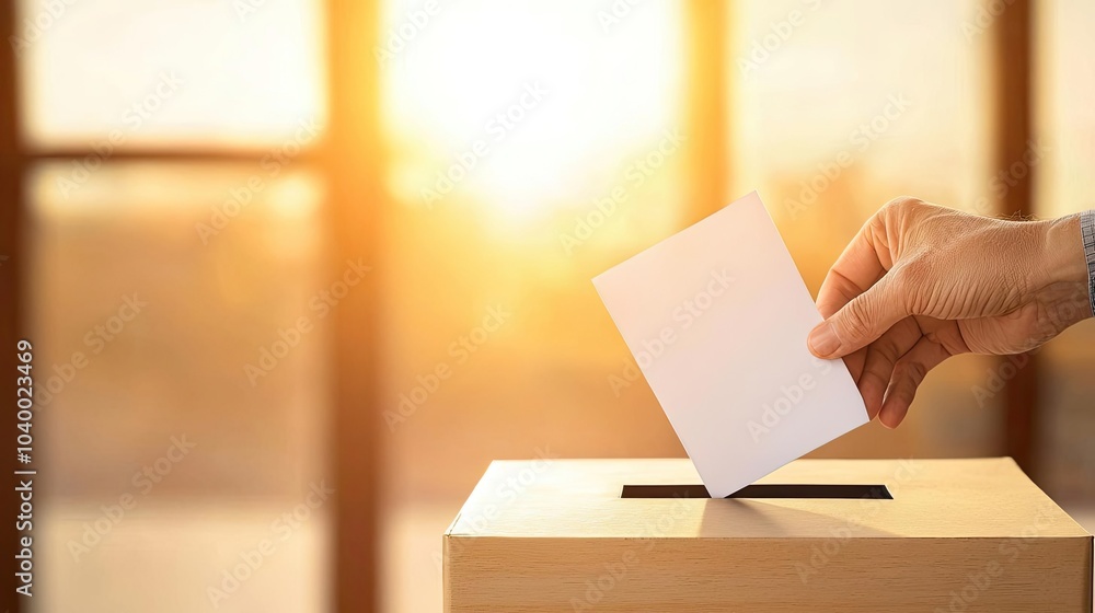Hand placing ballot into box during sunset, symbolizing voting and democracy. Hand placing ballot into box during sunset, symbolizing voting and democracy.