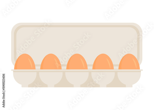 Chicken eggs in pack. Fresh brown eggs in paper box, container. Whole egg in eggshell. Vector illustration