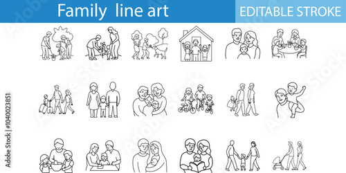 Family Line Art Illustrations Editable Stroke