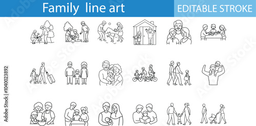 Family Line Art Illustrations Editable Stroke