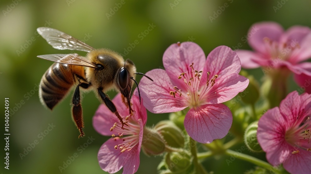 A honeybee in flight, hovering near a pink flower, with green foliage in the background. A honeybee in flight, hovering near a pink flower, with green foliage in the background.